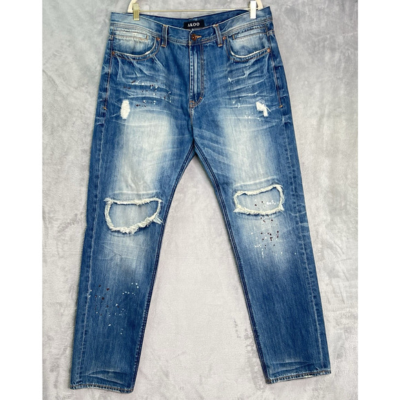 AKOO Jeans Mens 40/34 Blue Paint Splatter Distressed No Rivals Patch Big Oak Fit - Picture 1 of 16